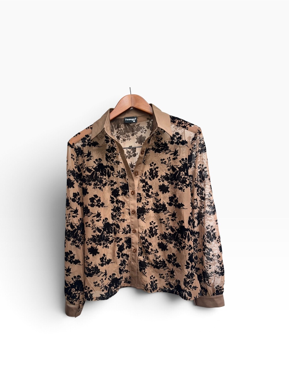 Mango Brown and Black Button-Down Shirt with Velvet Floral Pattern